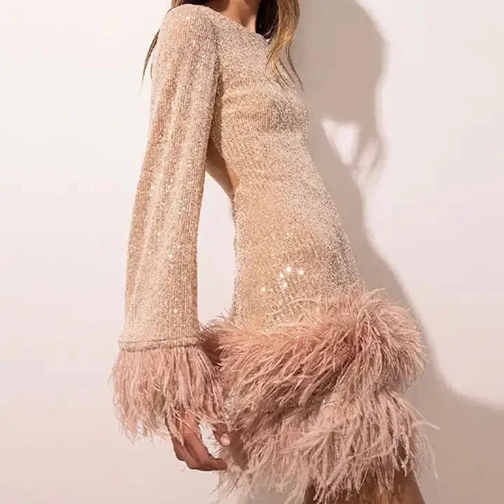 Sequin Feather Hem Cocktail Dress