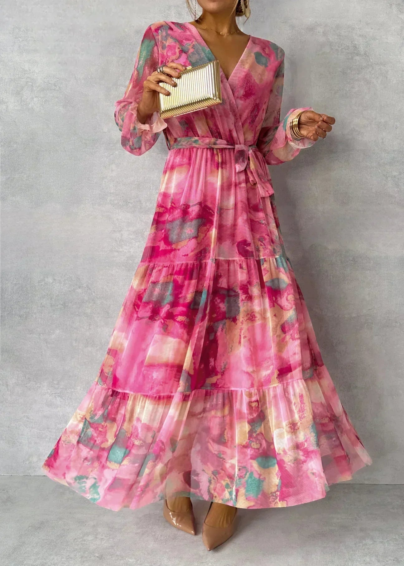 Women's Floral Wrap Maxi Dress with Long Sleeves