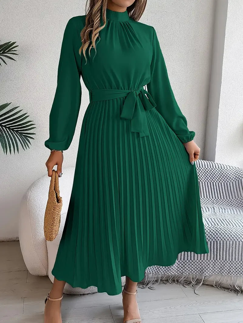 Women's Long-Sleeve Pleated Midi Dress With Belted Waist