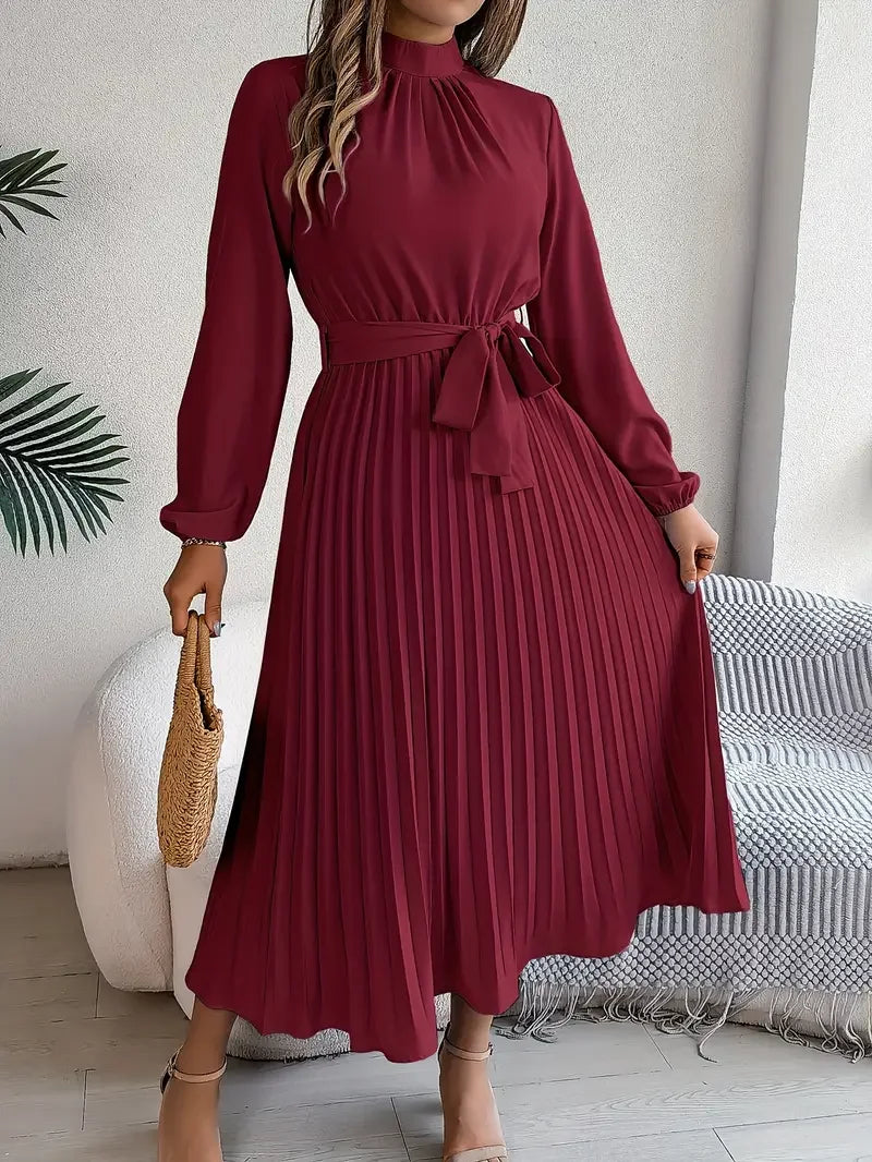 Women's Long-Sleeve Pleated Midi Dress With Belted Waist