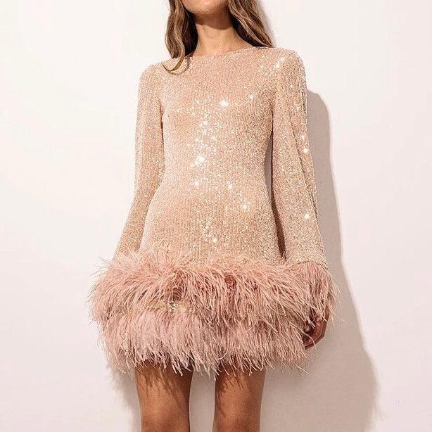 Sequin Feather Hem Cocktail Dress