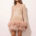 Sequin Feather Hem Cocktail Dress