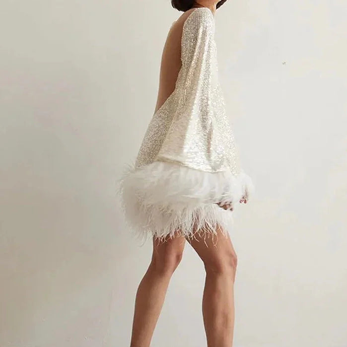 Sequin Feather Hem Cocktail Dress