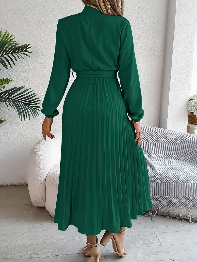 Women's Long-Sleeve Pleated Midi Dress With Belted Waist