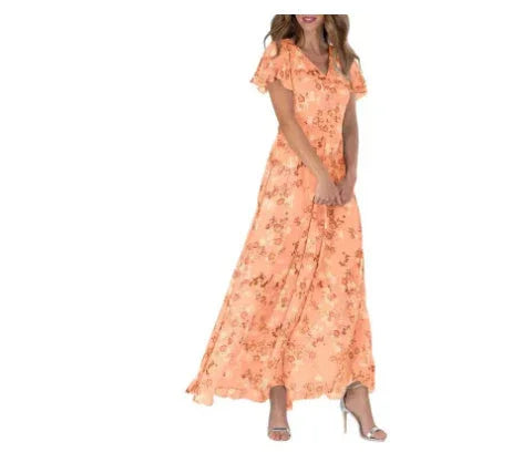 Women's Pink Floral Maxi Dress – Elegant Summer Chiffon Dress with Flutter Sleeves