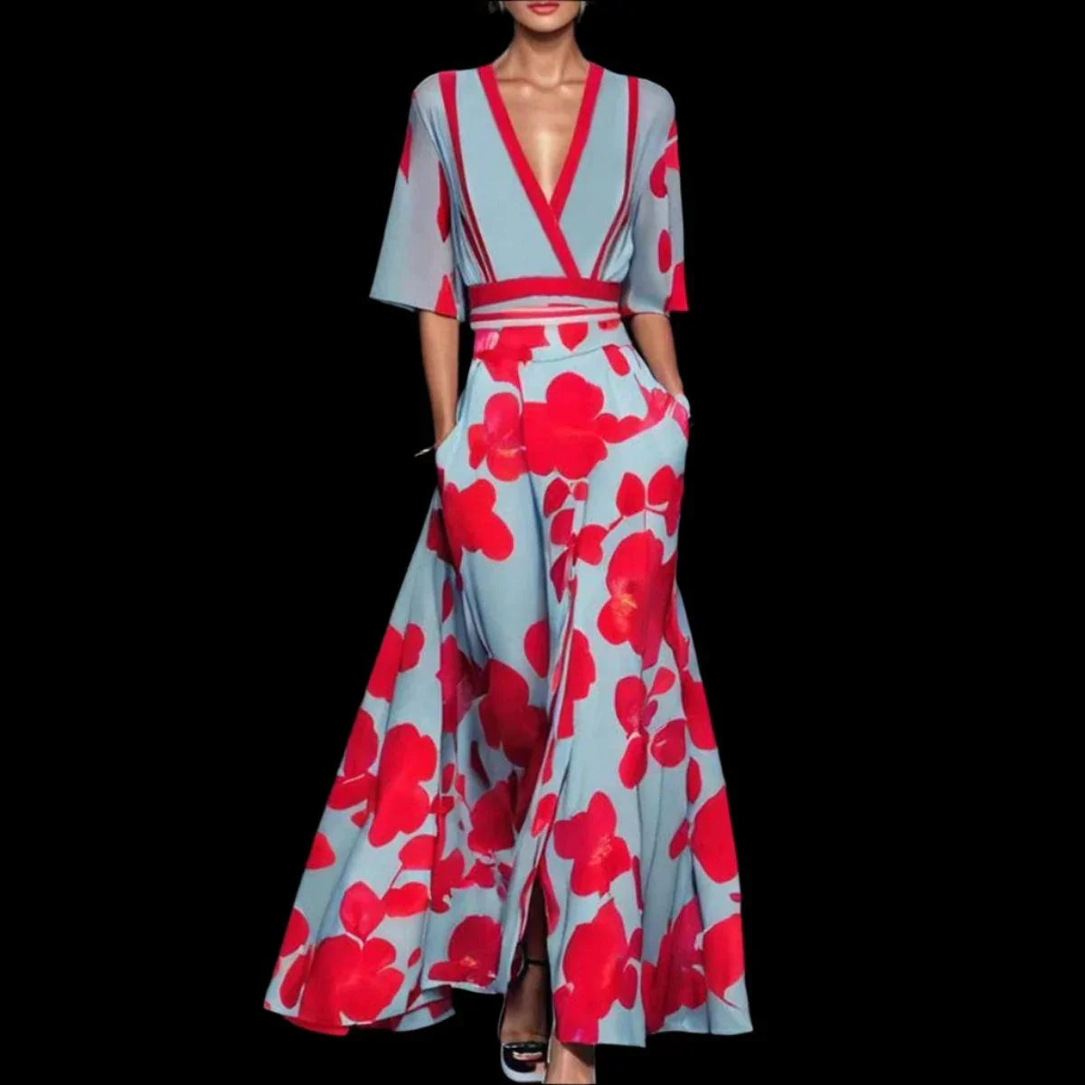 Floral Maxi Dress - Red Poppy Print, V-Neck, Belted, High Slit