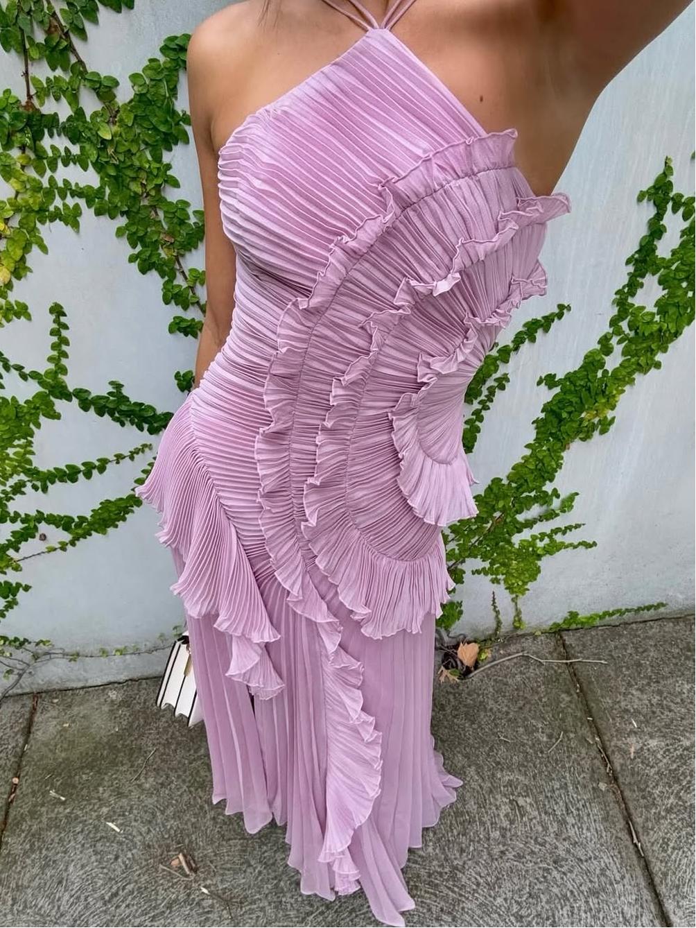 Avery Women's Asymmetric Pleated Maxi Dress | Lightweight Polyester, Elegant One-Shoulder Design 0