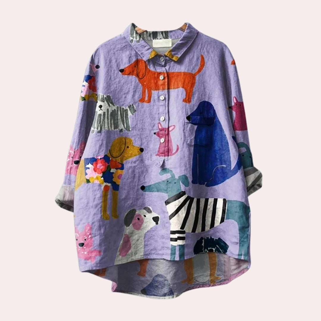 Blythe Women's Casual Shirt | Colorful Dog Print, Artistic Design 0