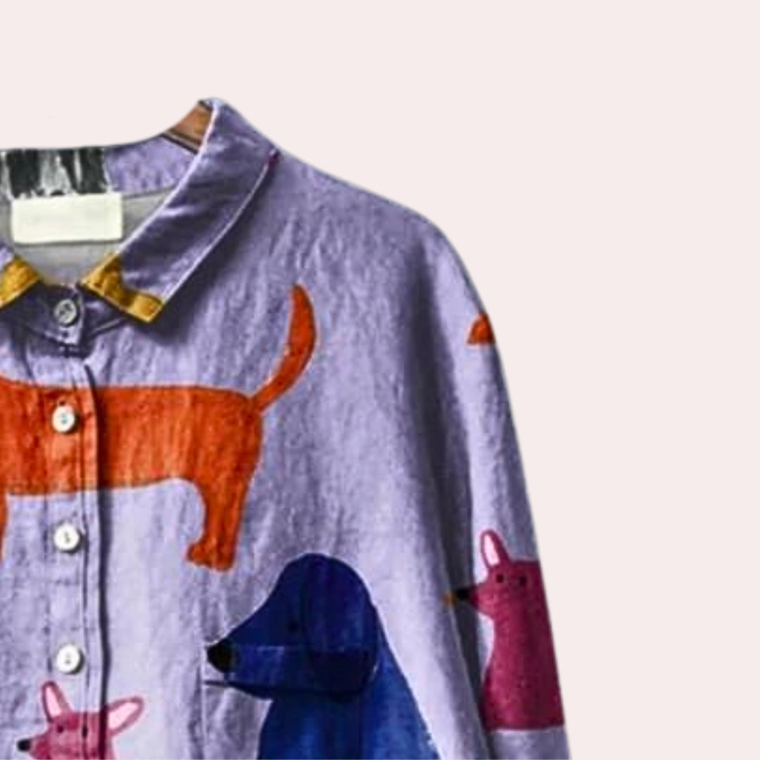 Blythe Women's Casual Shirt | Colorful Dog Print, Artistic Design 1