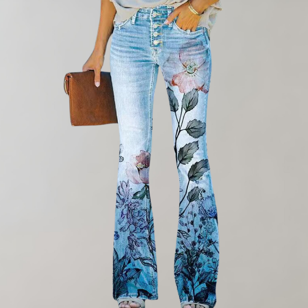 Fiona Women's Flare Jeans | High-Rise Floral Print, Denim 4