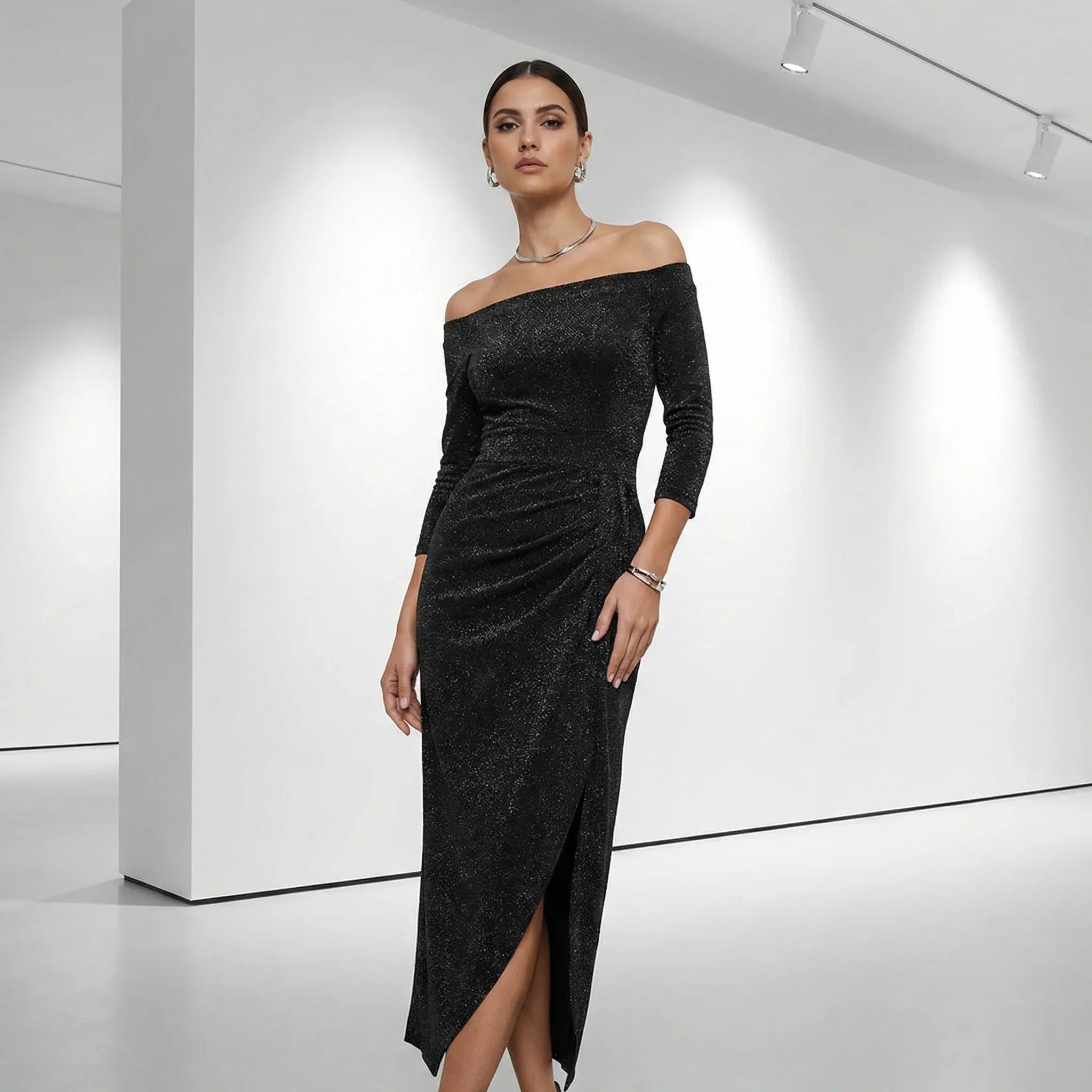 Women's Off-Shoulder Midi Dress With Ruched Side Detail And Front Slit | Plus Size Available