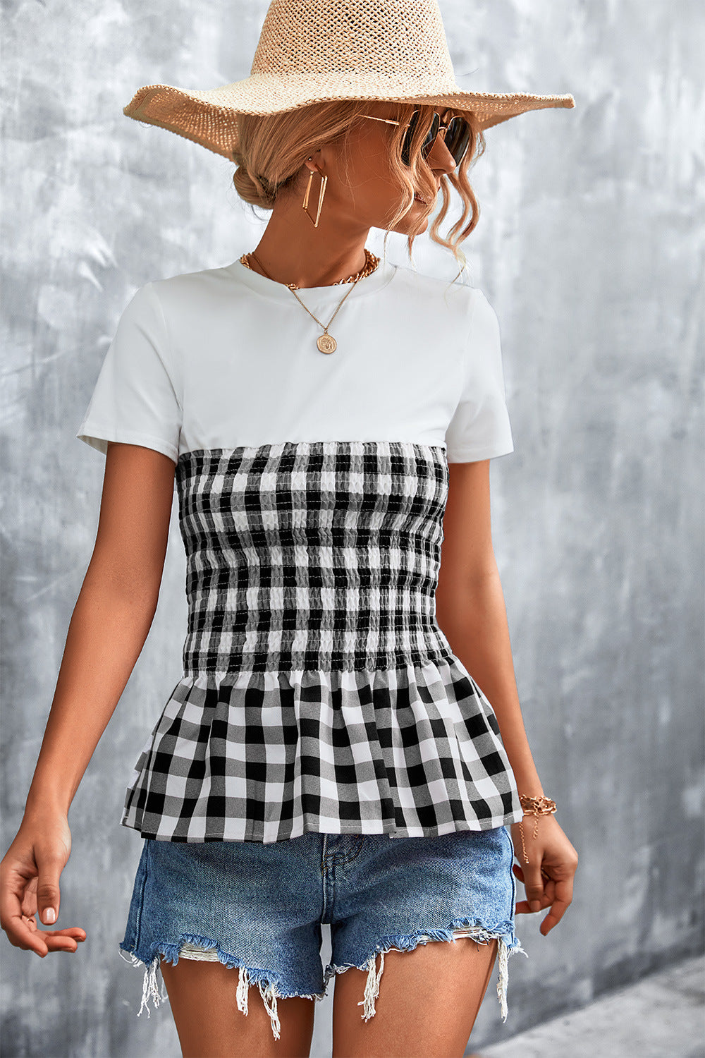 Holly Women's Top | Checked Peplum Design, Elastic Waist 6