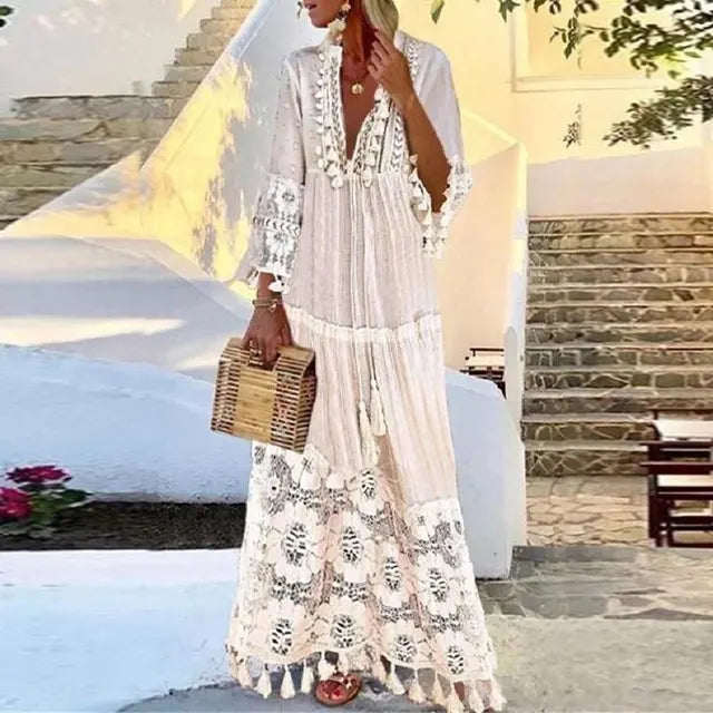 Lina Women's Boho Maxi Dress | Elegant Lace and Fringes 1