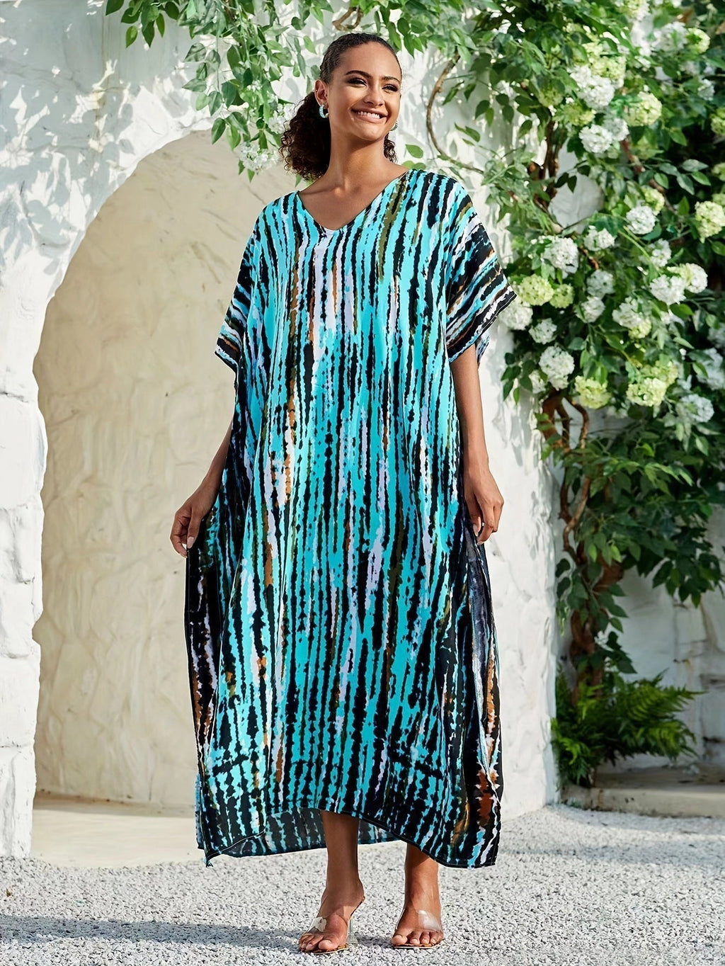 Sofia Women's Plus Size Maxi Dress | Lightweight Turquoise and Black Kaftan 1