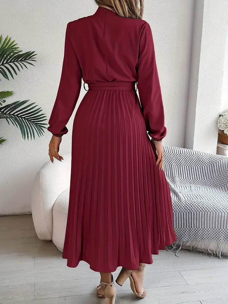 Women's Long-Sleeve Pleated Midi Dress With Belted Waist