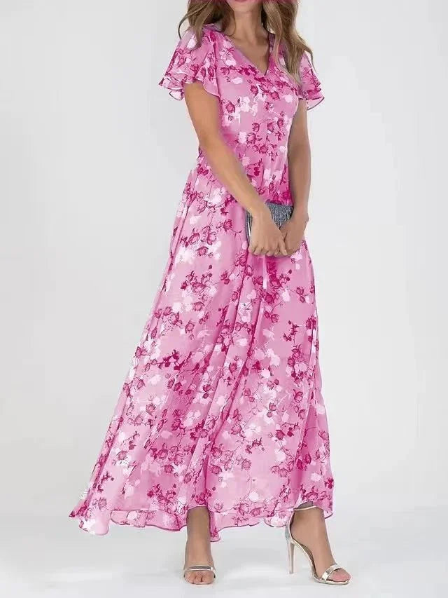 Women's Pink Floral Maxi Dress – Elegant Summer Chiffon Dress with Flutter Sleeves