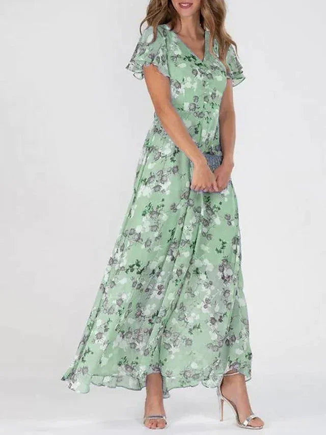 Women's Pink Floral Maxi Dress – Elegant Summer Chiffon Dress with Flutter Sleeves