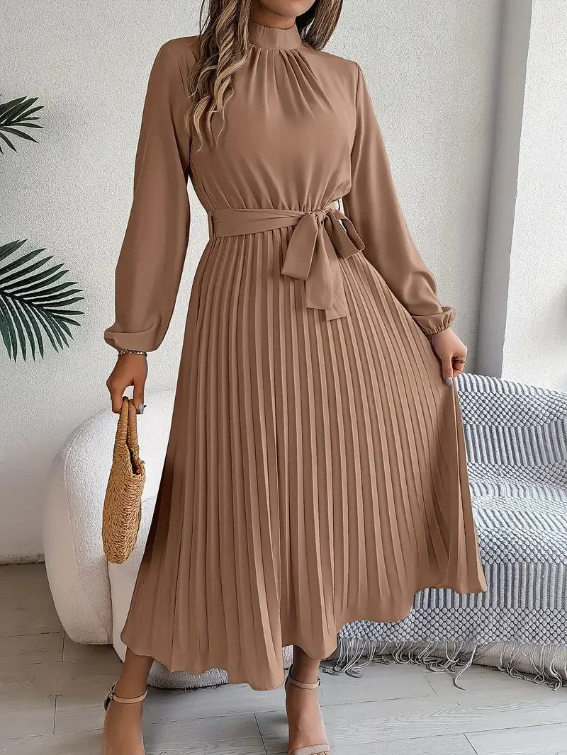 Women's Long-Sleeve Pleated Midi Dress With Belted Waist