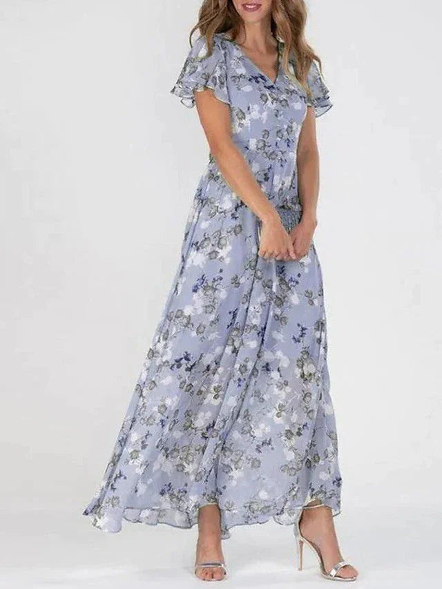 Women's Pink Floral Maxi Dress – Elegant Summer Chiffon Dress with Flutter Sleeves