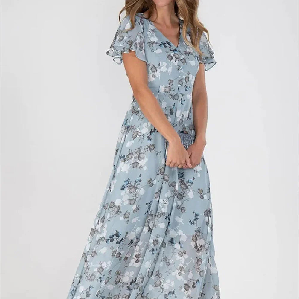 Women's Pink Floral Maxi Dress – Elegant Summer Chiffon Dress with Flutter Sleeves