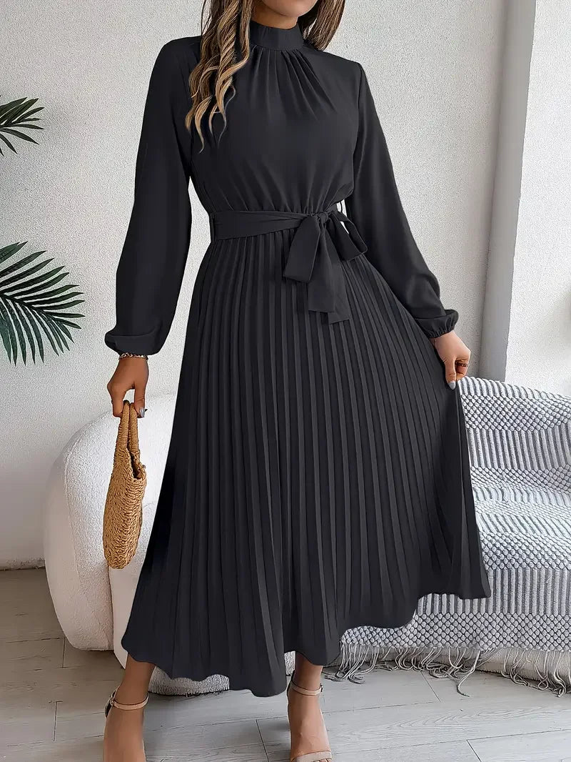 Women's Long-Sleeve Pleated Midi Dress With Belted Waist