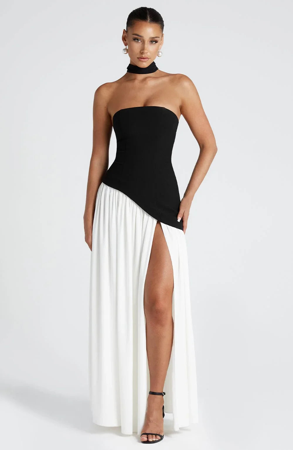 Women's Strapless Maxi Dress with High Slit and Asymmetric Waist