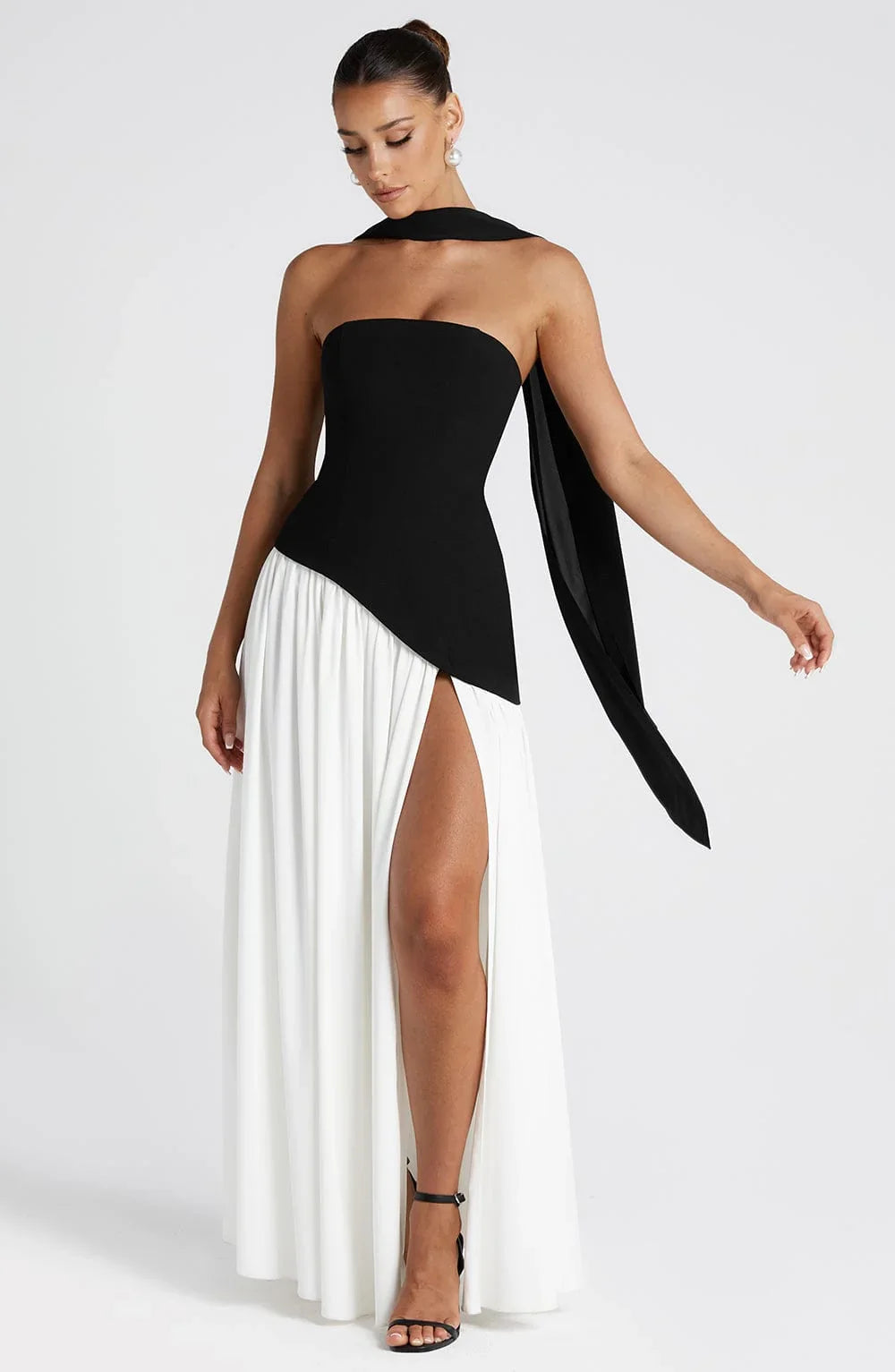 Women's Strapless Maxi Dress with High Slit and Asymmetric Waist