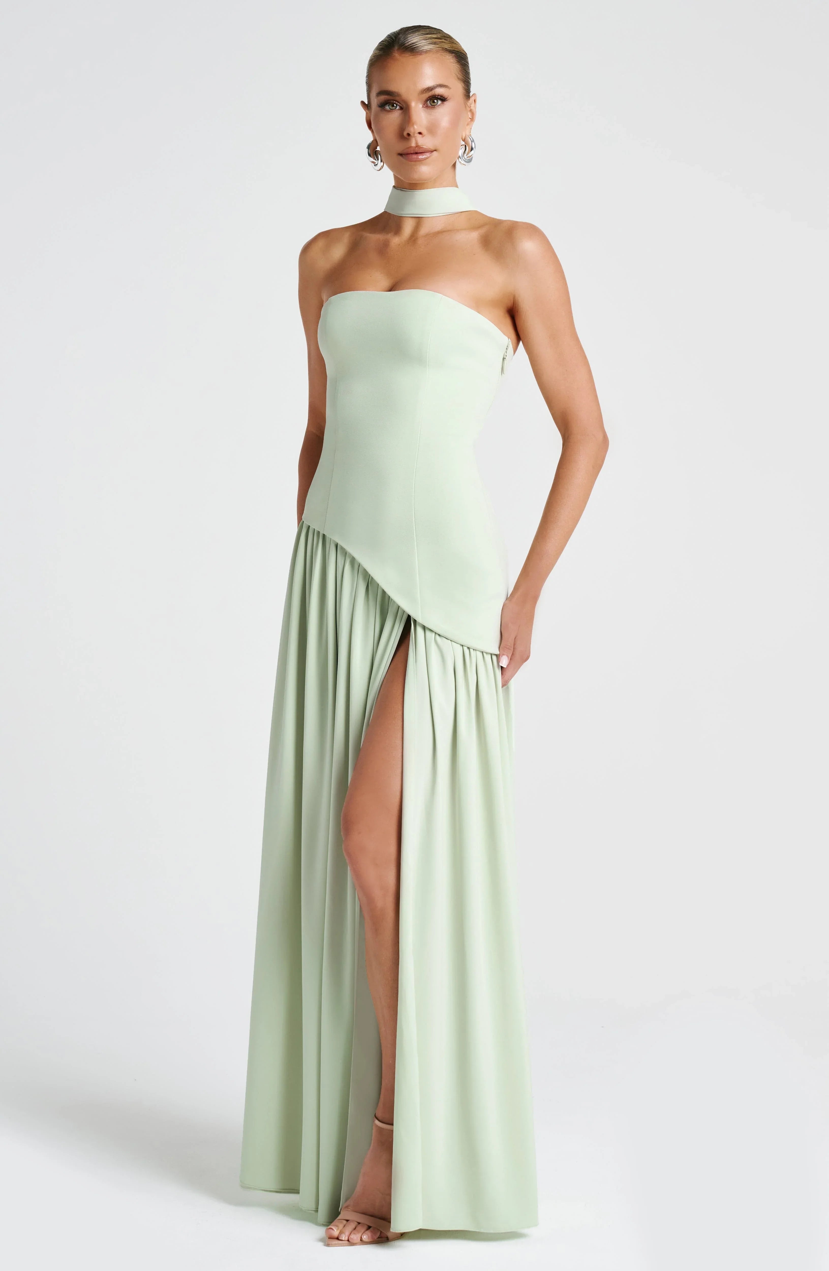Women's Strapless Maxi Dress with High Slit and Asymmetric Waist