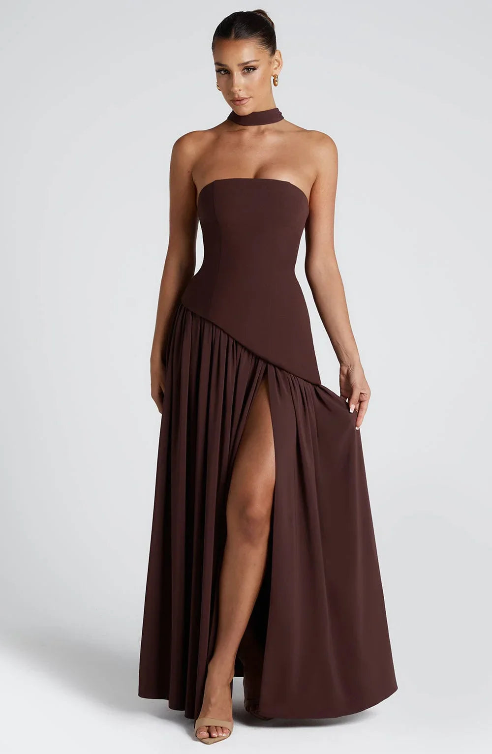 Women's Strapless Maxi Dress with High Slit and Asymmetric Waist