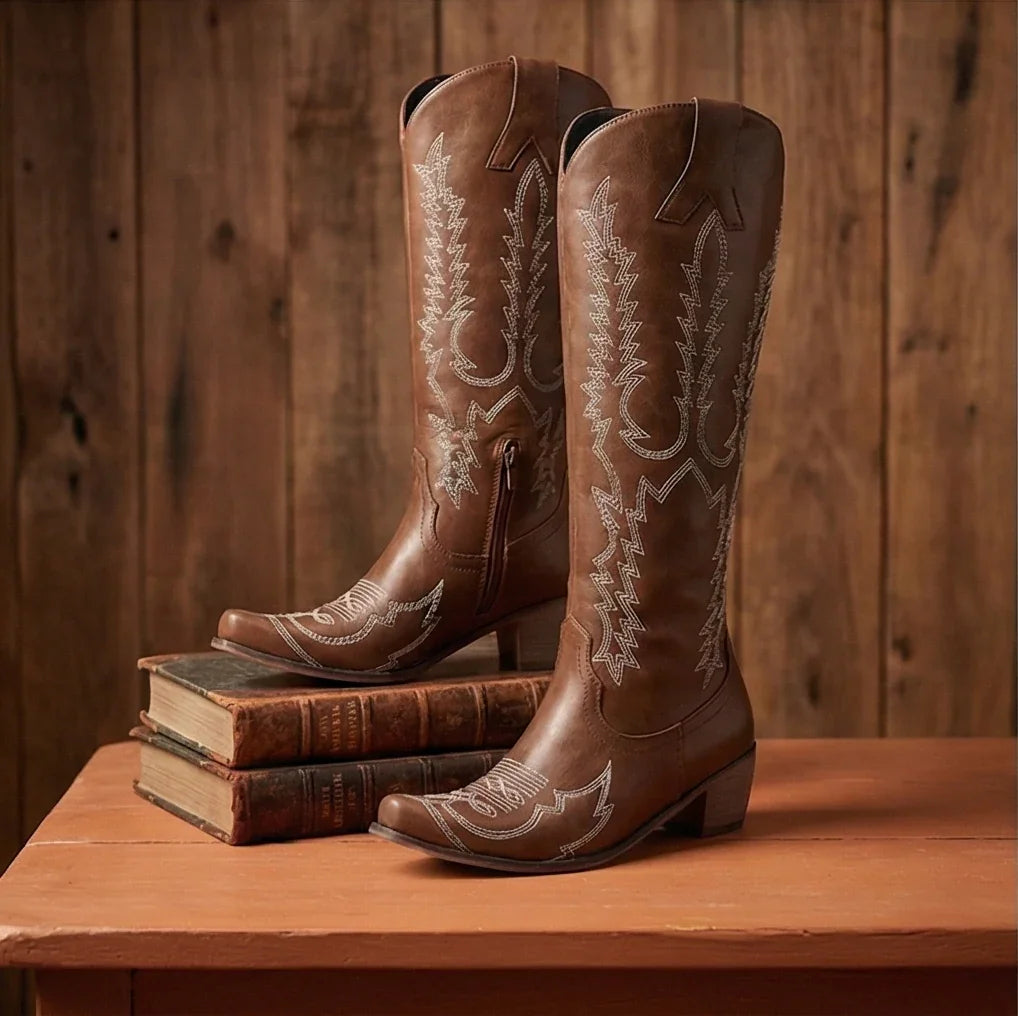 Women’s Western Knee-High Boots with Embroidered Detailing – Block Heel