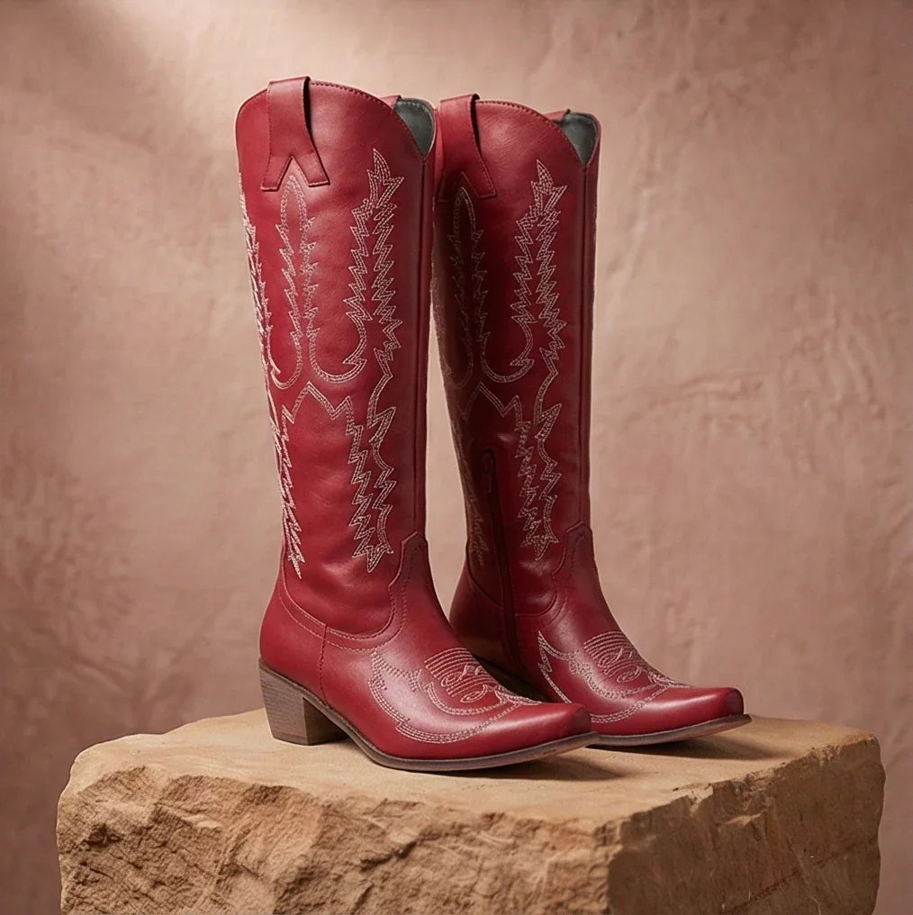 Women’s Western Knee-High Boots with Embroidered Detailing – Block Heel